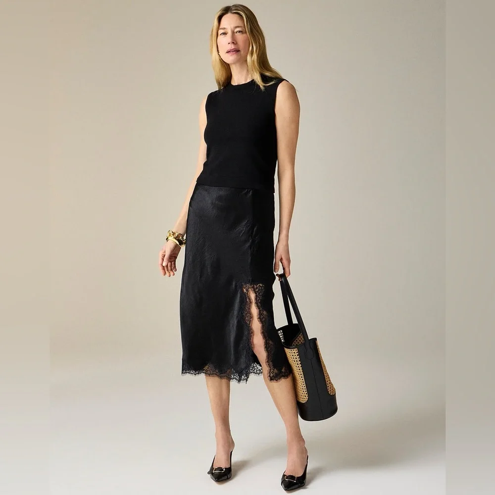 J.Crew Gwyneth lace-trim slip skirt in textured satin CD354
